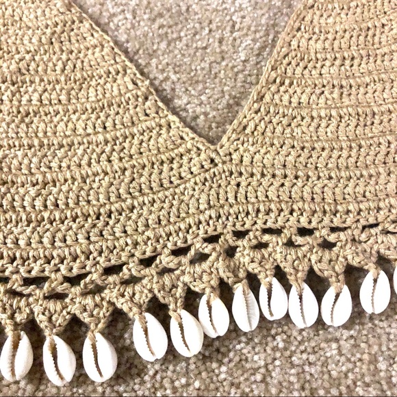 NWT S/M M/L crochet cowrie shell cheekini gold-beige wide thong low rise bikini - Picture 5 of 10